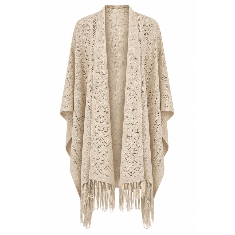 Macchia Di Ruggine Boho Poncho One Size Oatmeal Open Front Wrap Fringe Shawl K14
